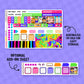 Colorful planner stickers with various designs on a purple background