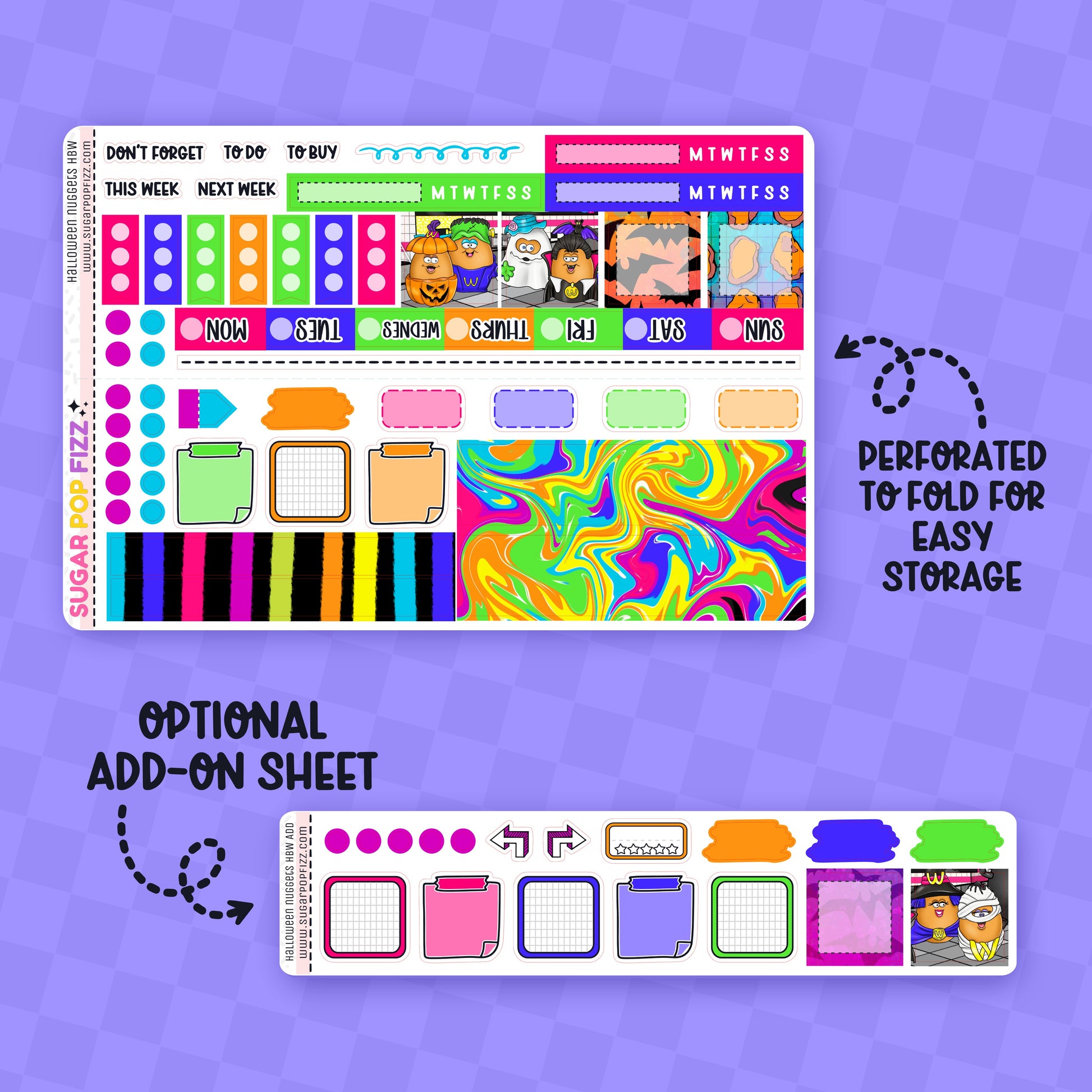 Colorful planner stickers with various designs on a purple background
