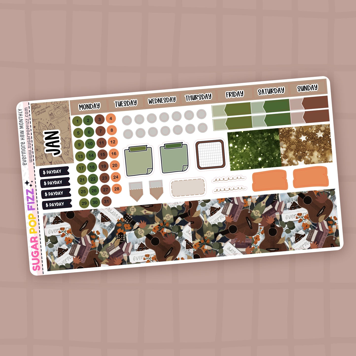 Sticker sheet with various designs for the monthly section of the hobonichi weeks themed around taylor swift's evermore album. includes days of the week and date dot stickers, stickers that state "payday" and decorative bottom washi stickers.
