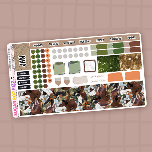 Sticker sheet with various designs for the monthly section of the hobonichi weeks themed around taylor swift's evermore album. includes days of the week and date dot stickers, stickers that state "payday" and decorative bottom washi stickers.
