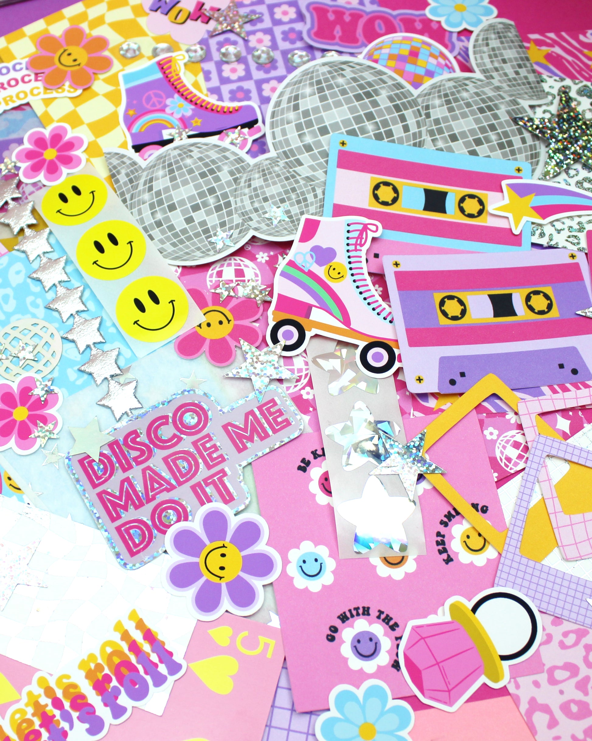 Collection of colorful stickers with text and graphics on a pink background