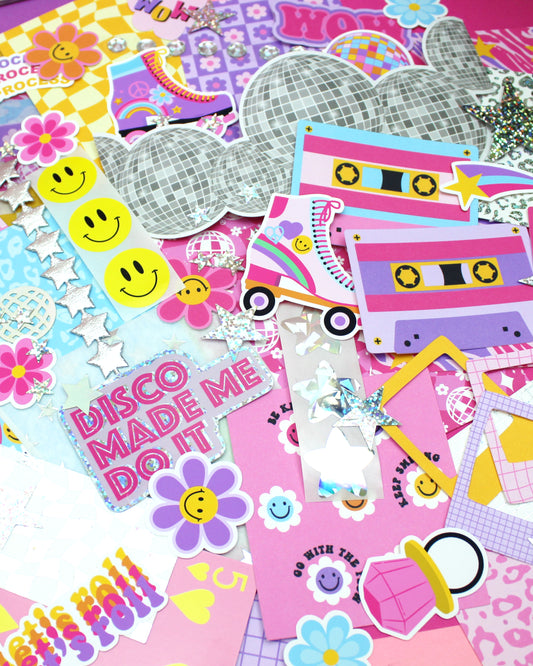 Collection of colorful stickers with text and graphics on a pink background