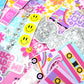 Collection of colorful stickers with disco-themed designs on a pink background