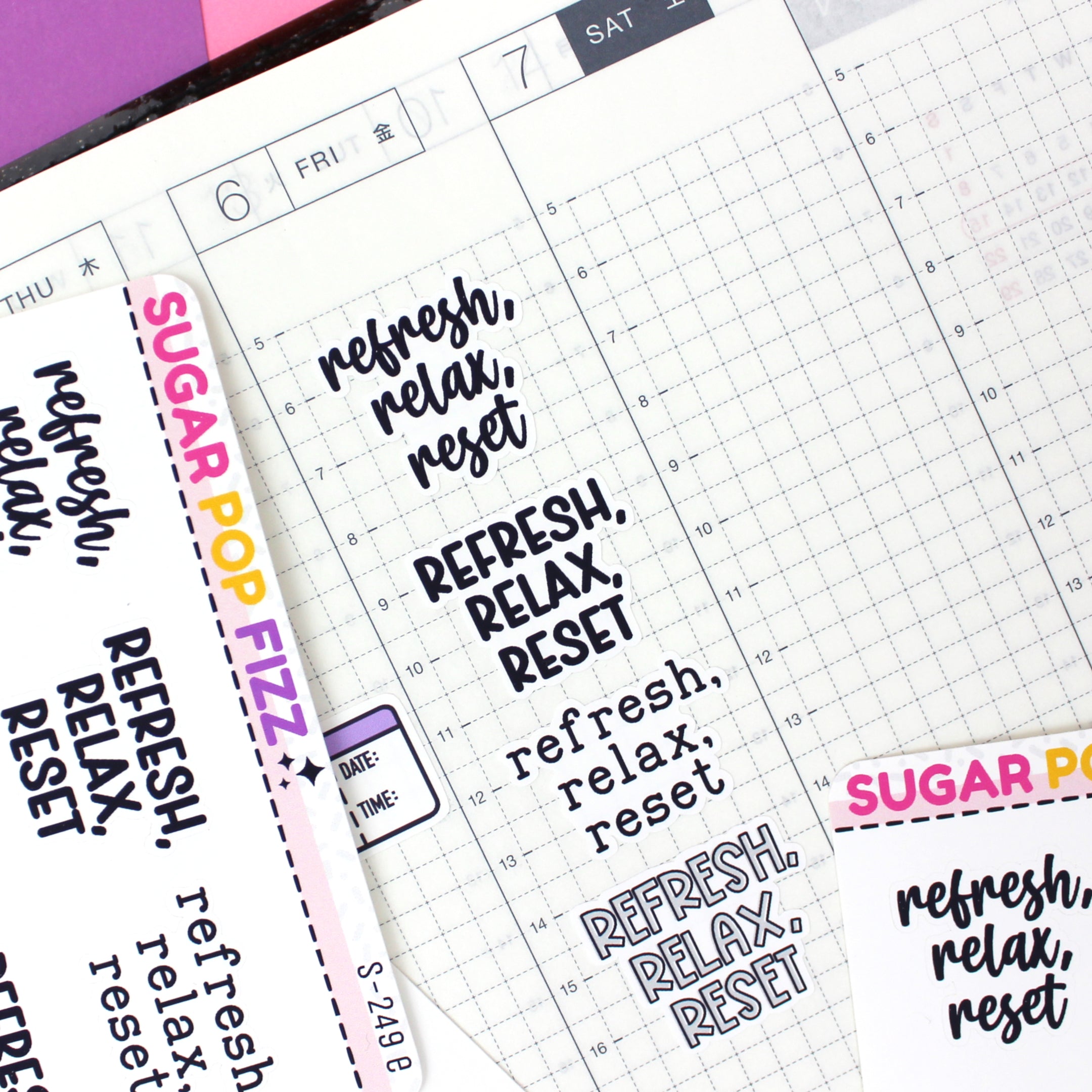 Refresh, Relax, Reset Script Stickers (4 fonts) - S249 – Sugar Pop Fizz