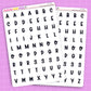 Two sheets of alphabet letter stickers on a pink background