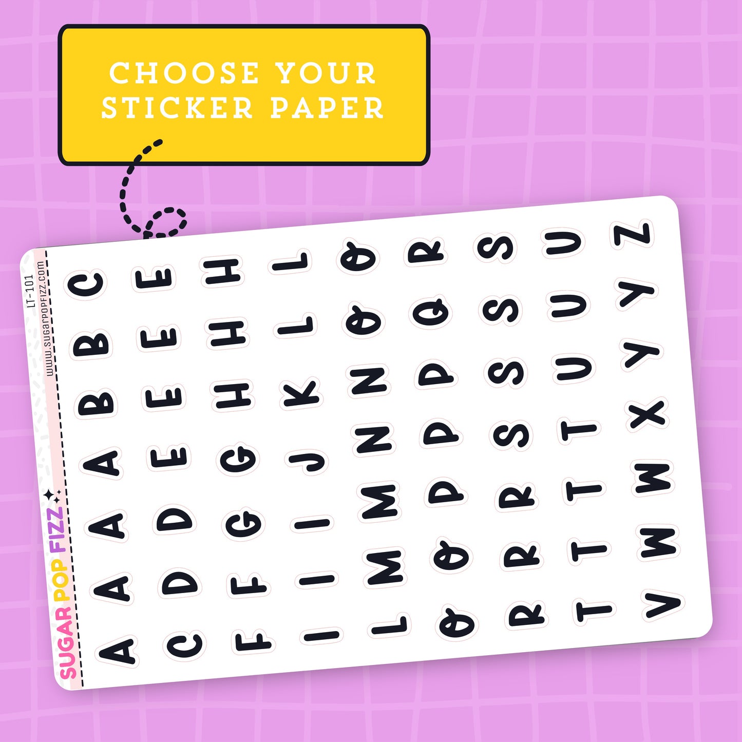 Sheet of black letter stickers on a white background with 'Sugar Pop Fizz' branding, on a pink grid background.