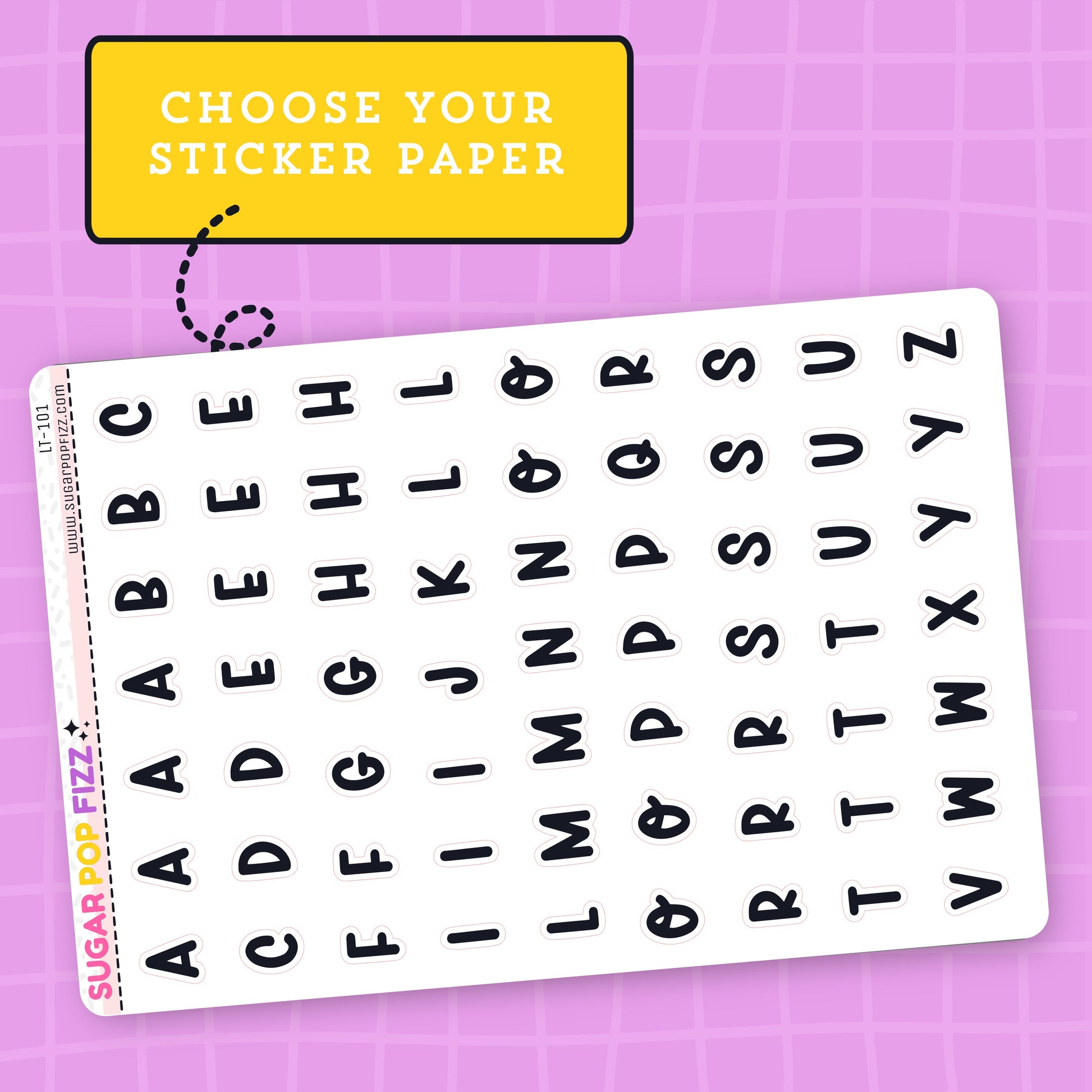 Sheet of black letter stickers on a white background with 'Sugar Pop Fizz' branding, on a pink grid background.