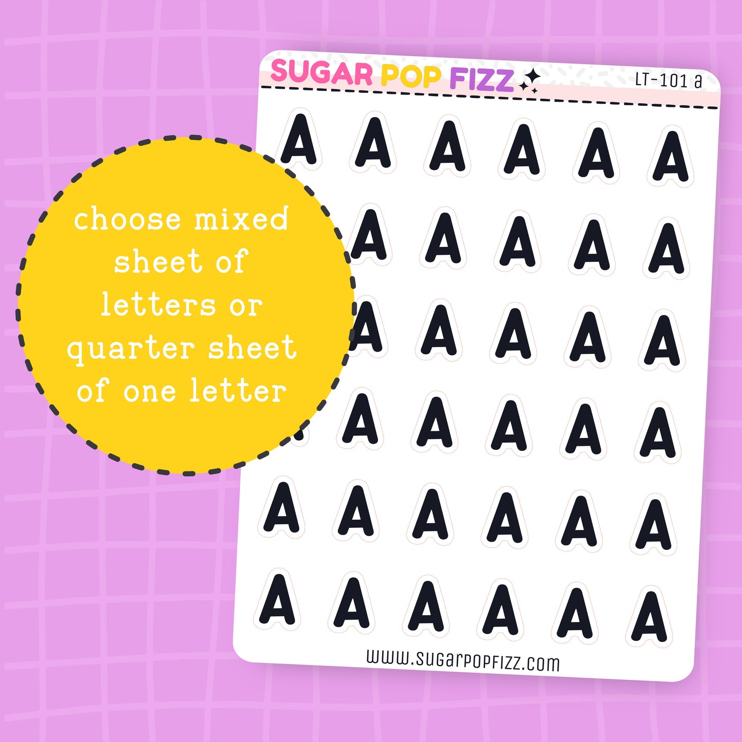 Sheet of black letters on a purple grid background with 'Sugar Pop Fizz' branding.
