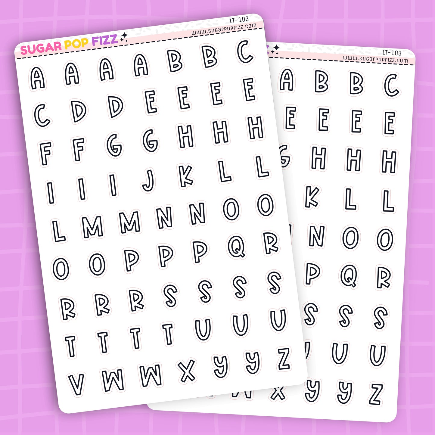 Two sheets of alphabet letter stickers on a pink background
