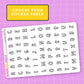 Sheet of alphabet stickers on a pink background with 'Sugar Pop Fizz' branding.