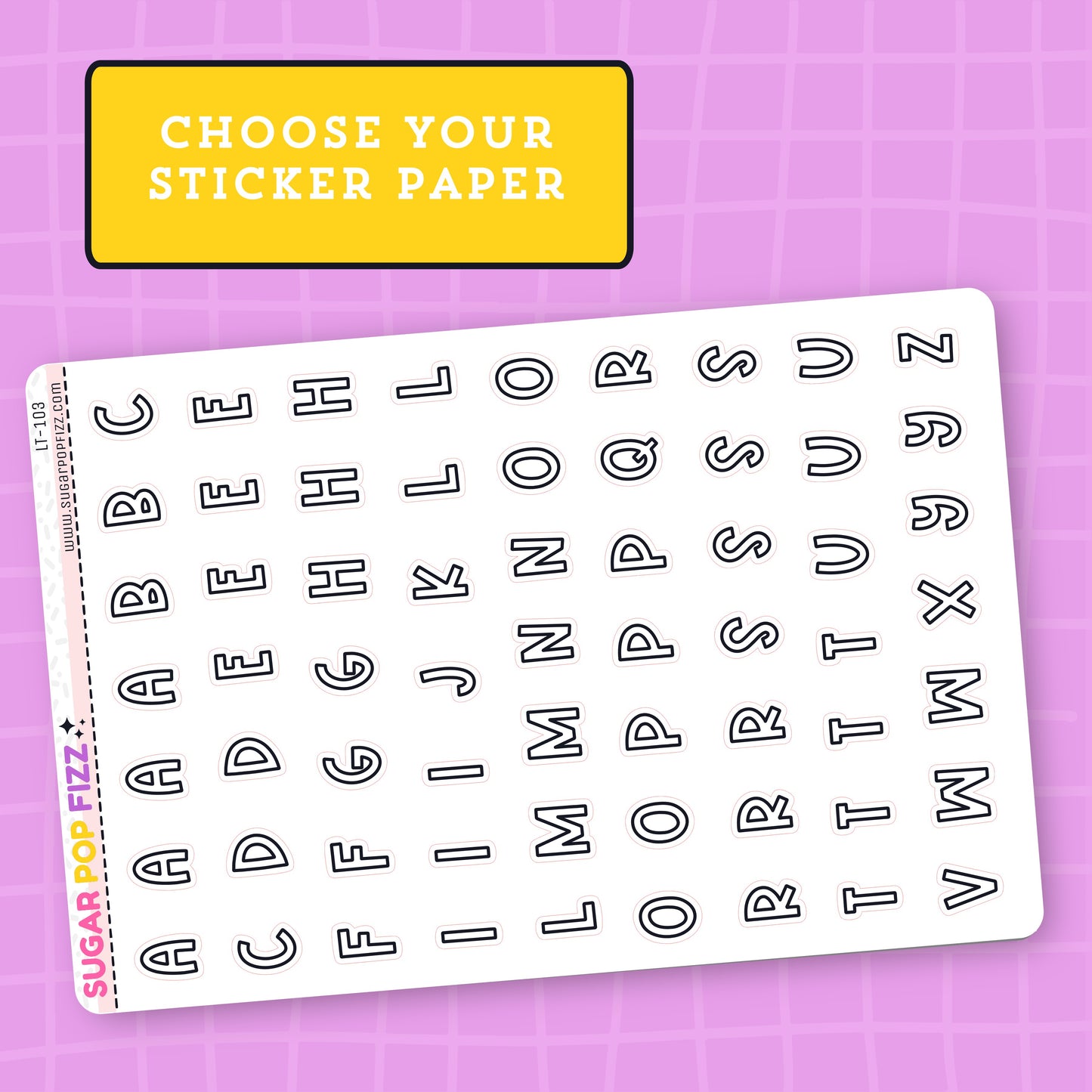 Sheet of alphabet stickers on a pink background with 'Sugar Pop Fizz' branding.