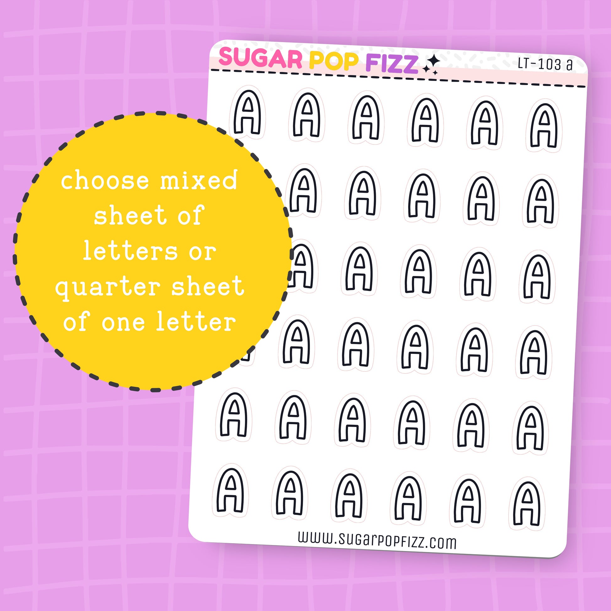 Sheet of letter 'A' stickers with a purple grid background and 'Sugar Pop Fizz' branding.