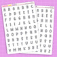 Two sheets of letter stickers on a pink grid background