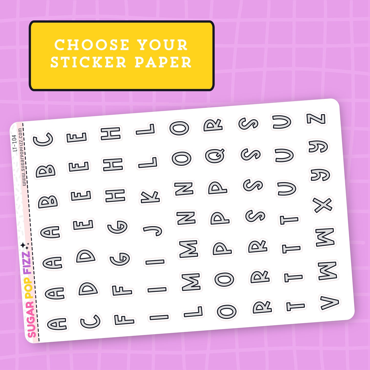 Sheet of letter stickers on a pink background with 'Sugar Pop Fizz' branding.