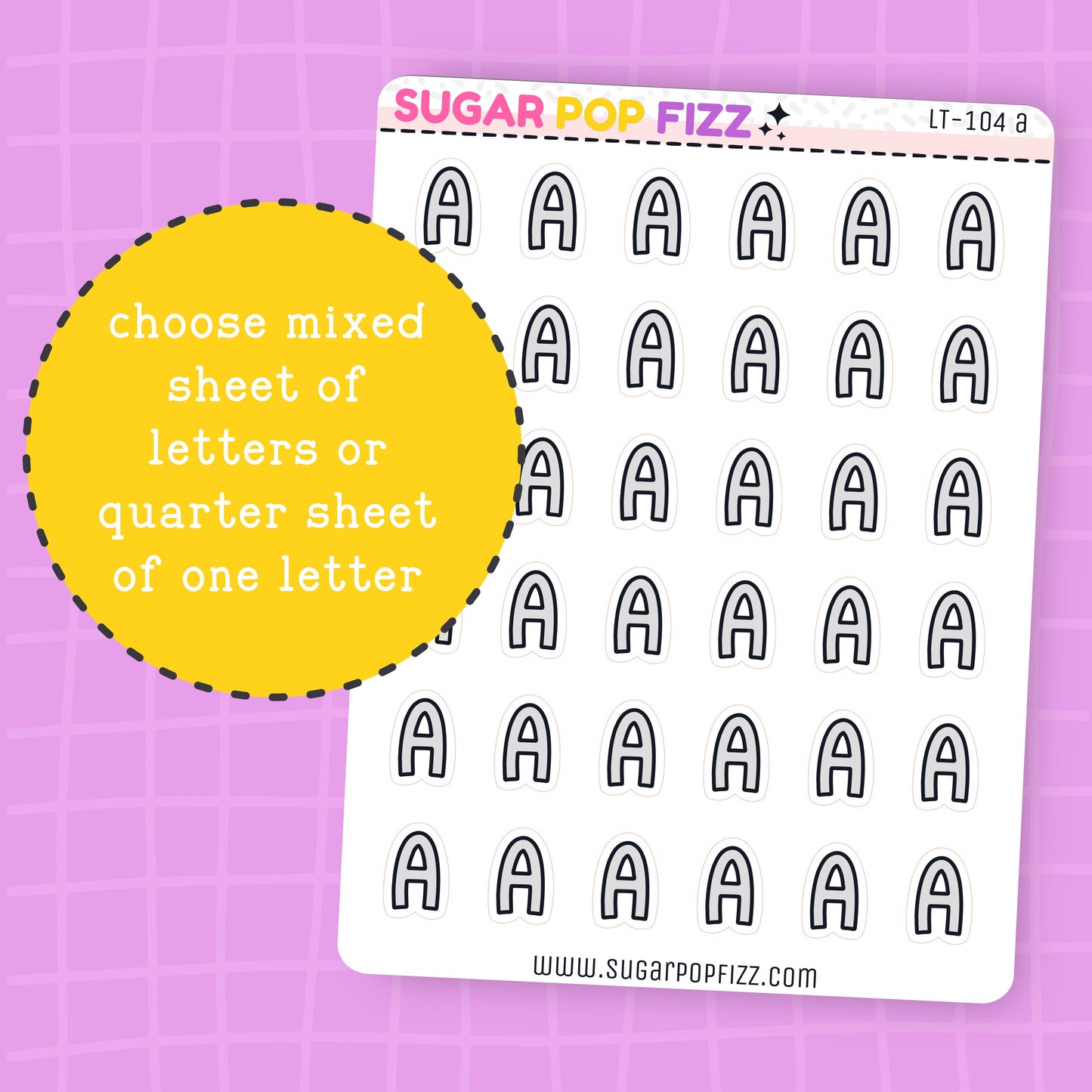 Sheet of letter 'A' stickers with branding on a purple grid background