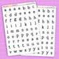 Two sheets of alphabet stickers with black letters on a purple background