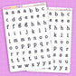 Two sheets of alphabet stickers with black letters on a purple background