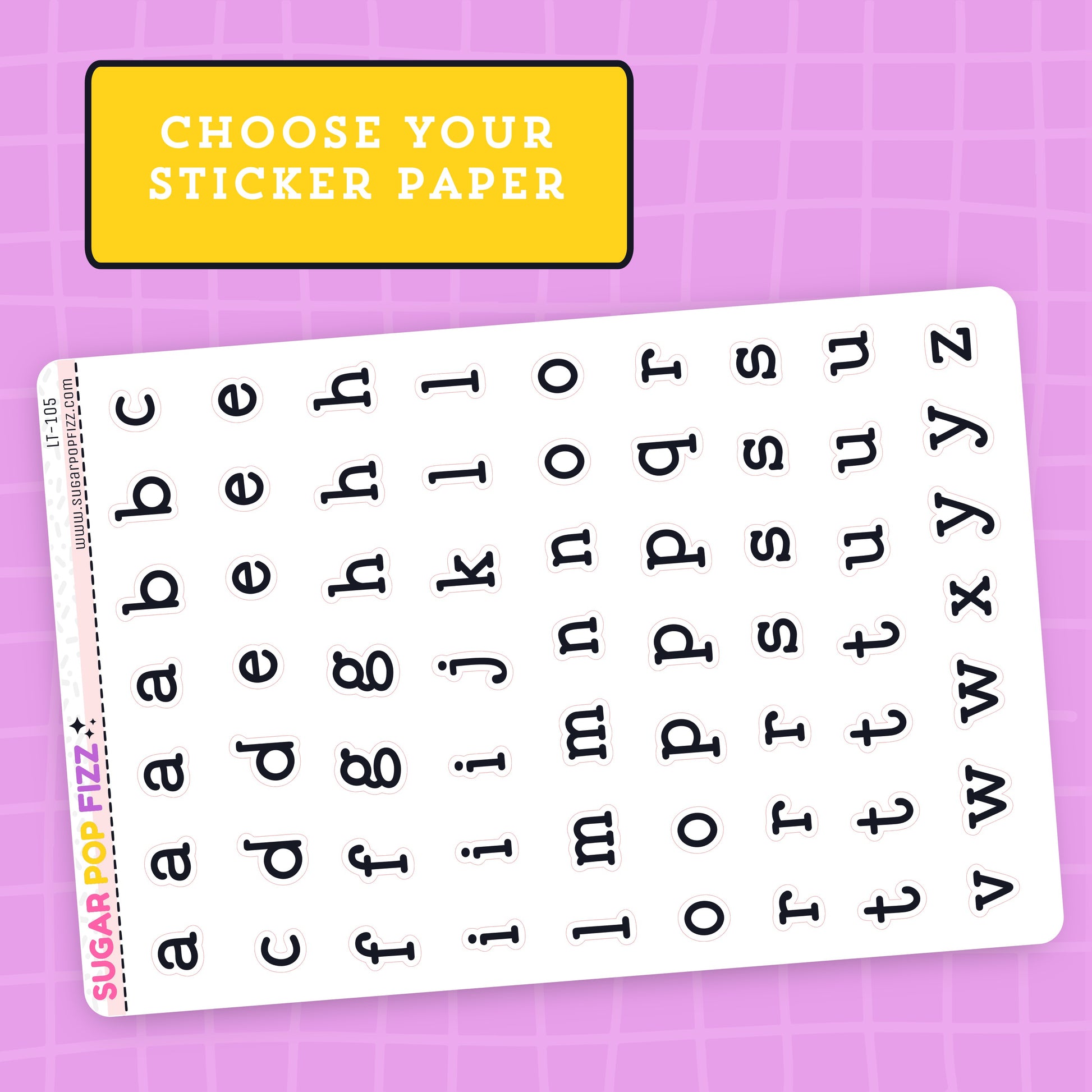 Sheet of alphabet stickers on a pink grid background with 'Sugar Pop Fizz' branding.