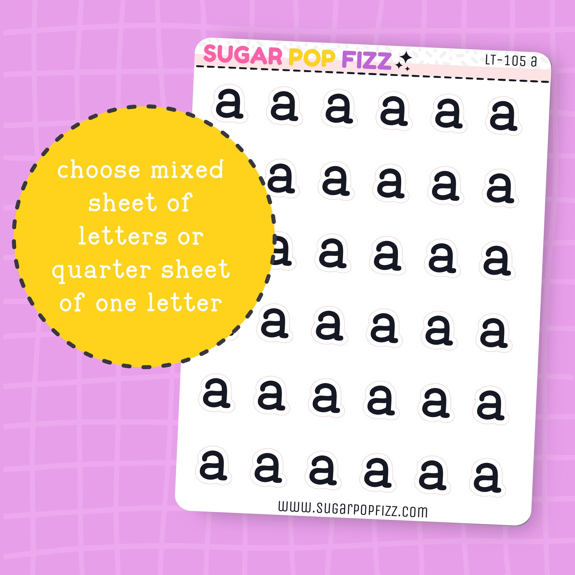 Sheet of black letters on a purple grid background with 'SUGAR POP FIZZ' branding.