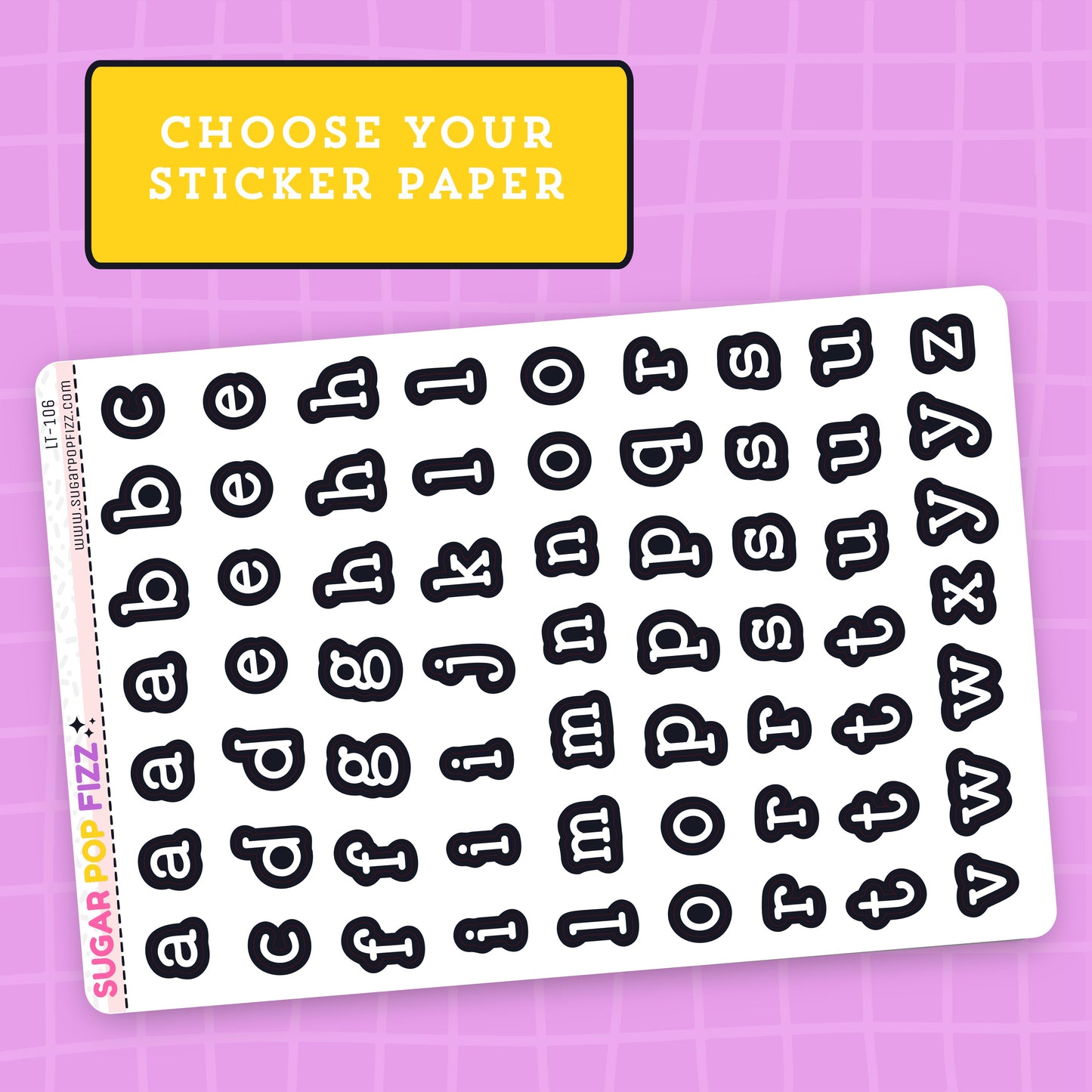 Sheet of black letter stickers on a pink grid background with 'Sugar Pop Fizz' branding.