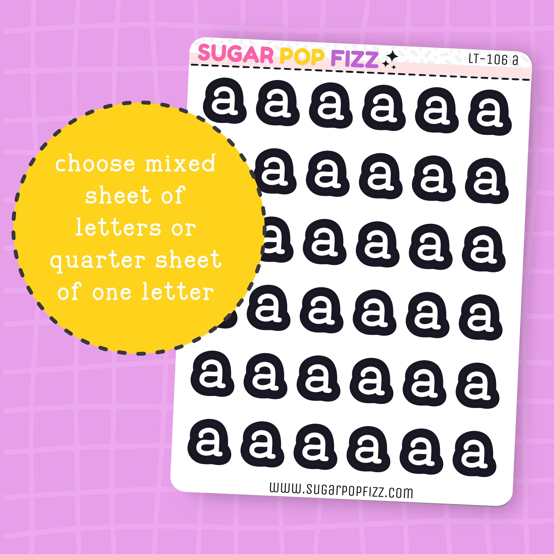 Sheet of black letter 'a' stickers on a purple grid background with promotional text.