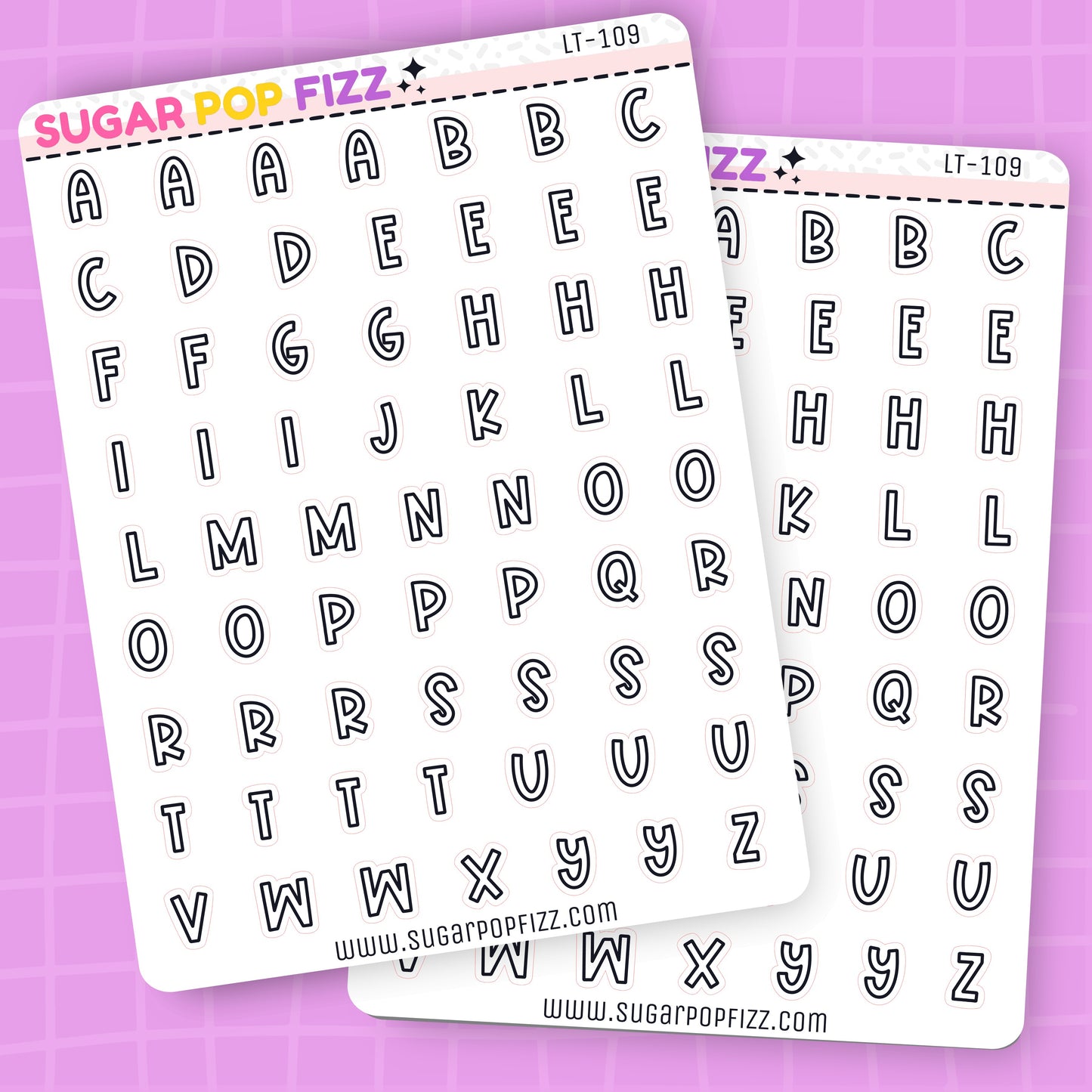 Two sheets of letter stickers on a purple background with 'Sugar Pop Fizz' branding.