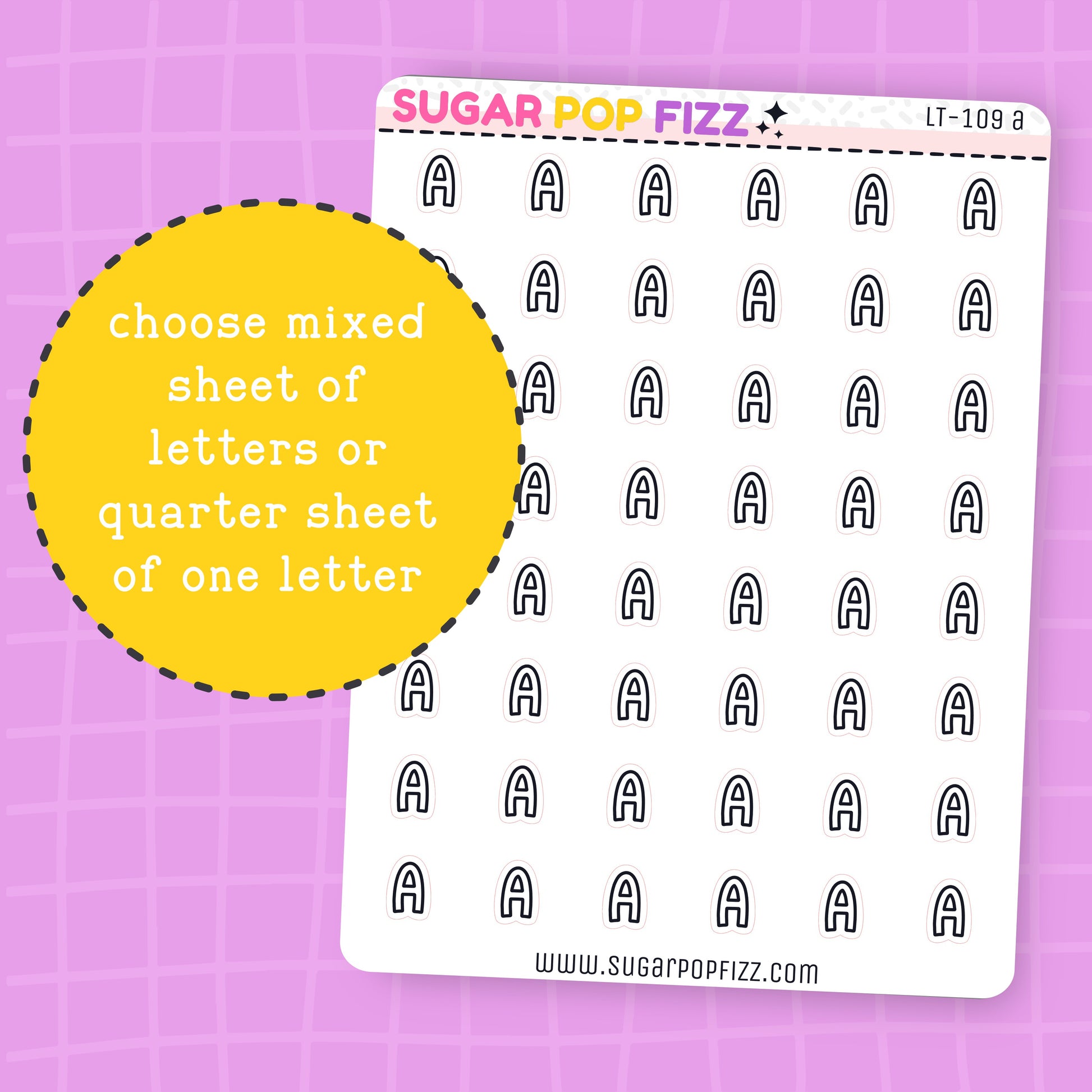 Sheet of letter 'A' stickers with a yellow circle and text on a purple grid background