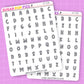 Two sheets of letter stickers with a variety of black letters on a white background, branded 'Sugar Pop Fizz'.