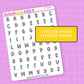 Sheet of letter stickers with a yellow banner on a purple grid background