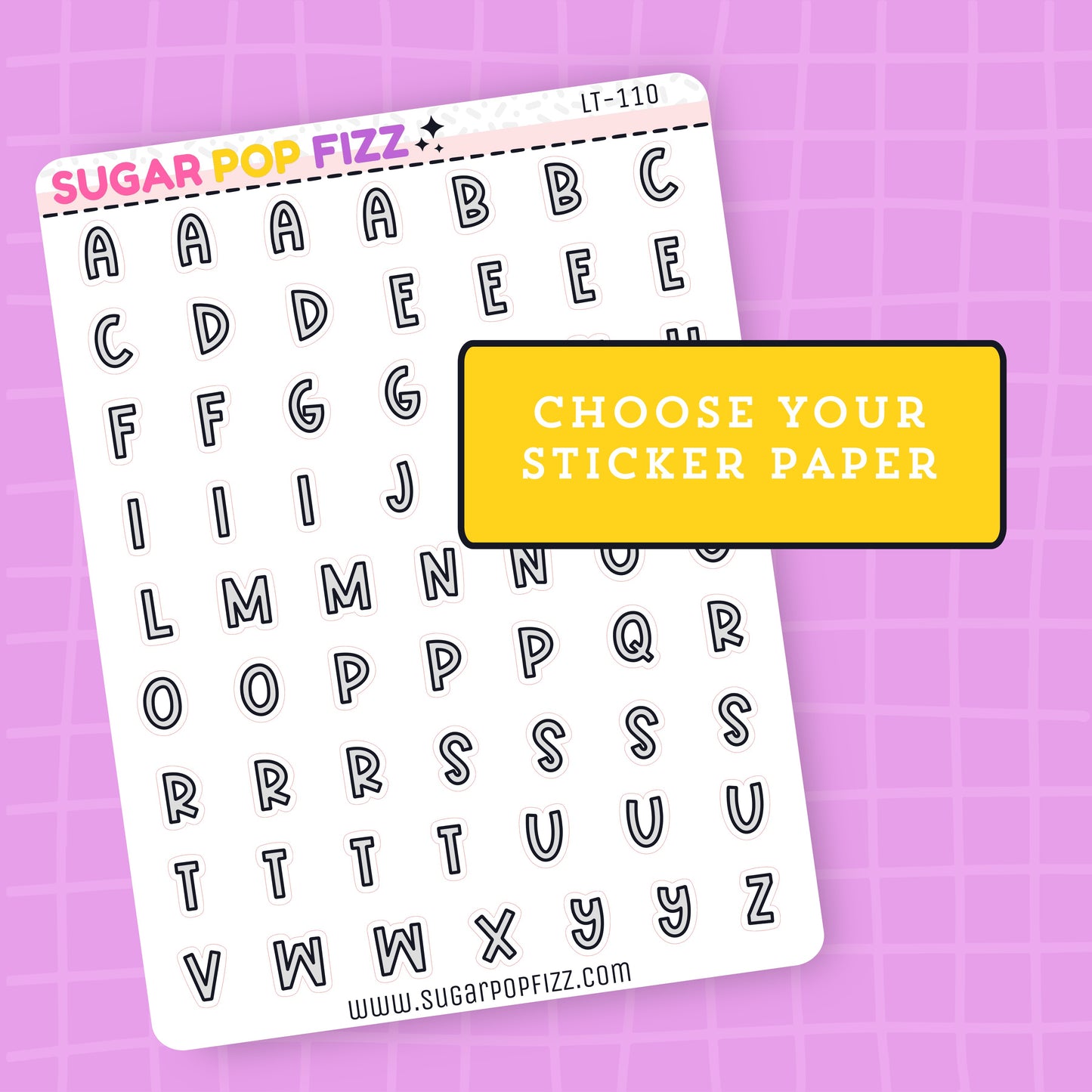 Sheet of letter stickers with a yellow banner on a purple grid background
