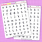 Two sheets of letter stickers with black letters on a white background, branded 'Sugar Pop Fizz', on a purple grid background.