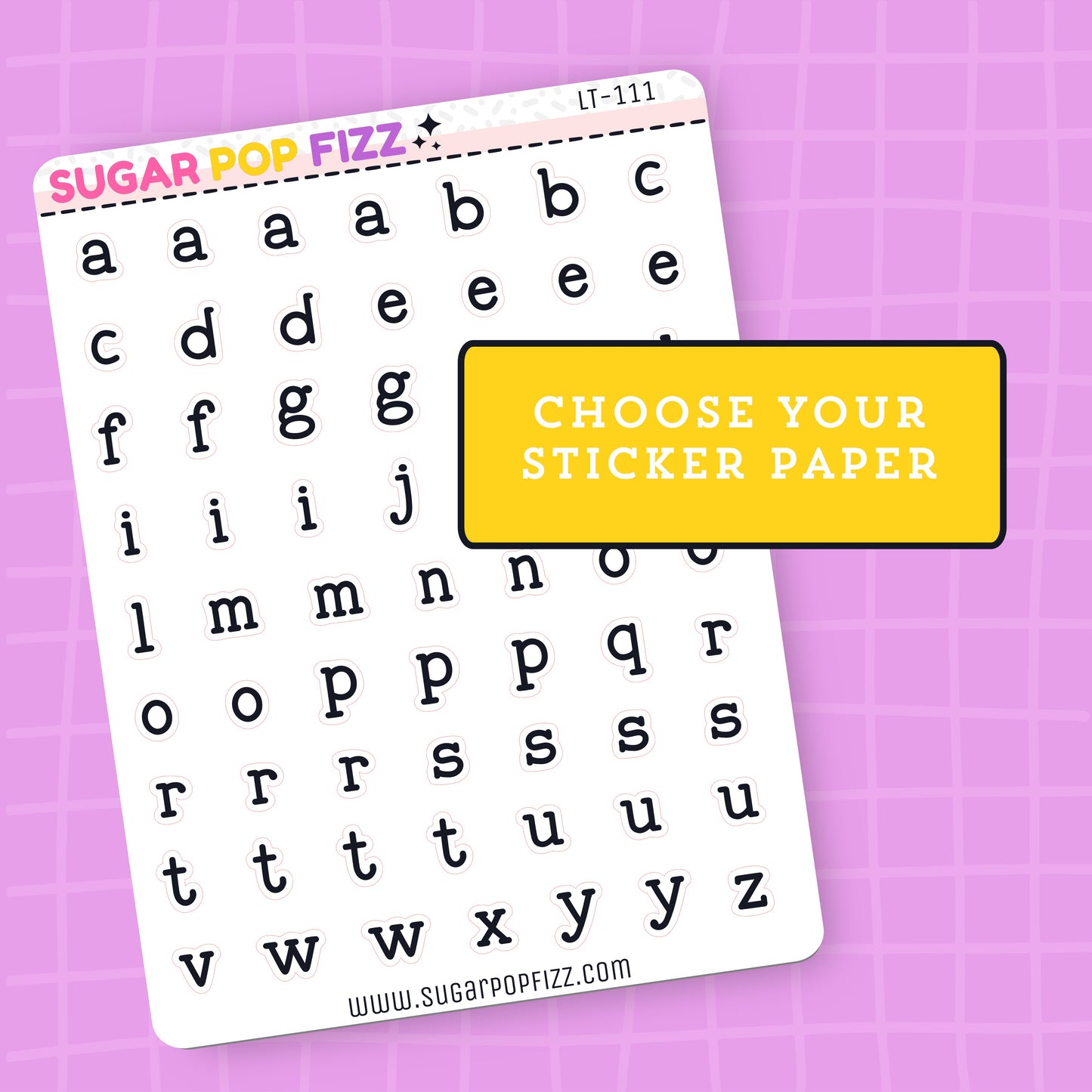 Sheet of black letter stickers on a white background with 'Sugar Pop Fizz' branding.