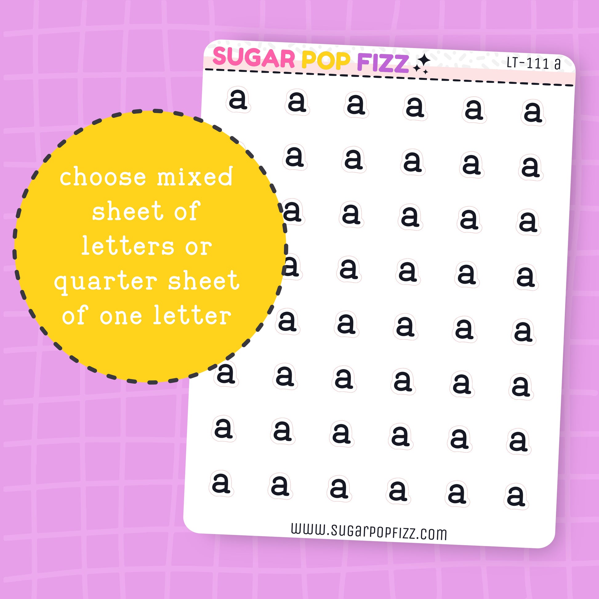 Sheet of letters with a yellow circle and text on a purple grid background