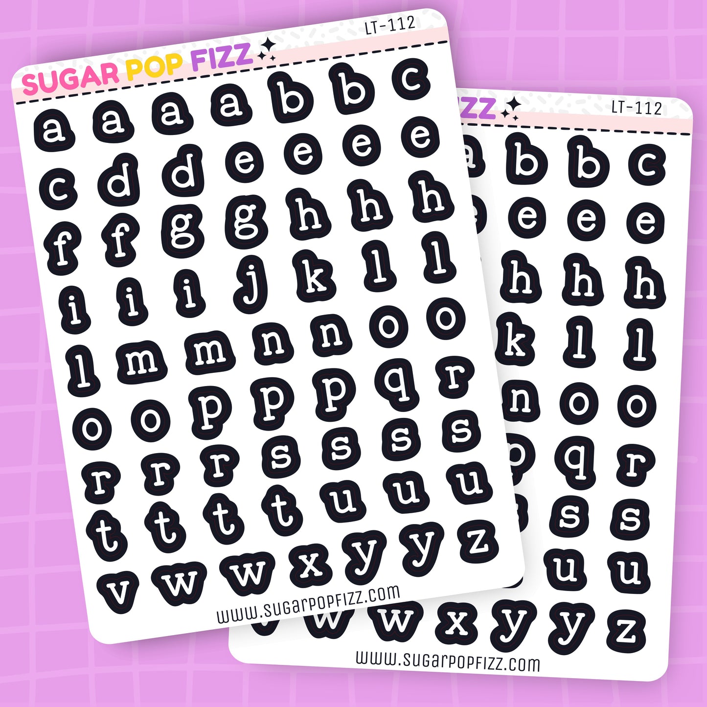 Two sheets of black letter stickers on a purple background with 'Sugar Pop Fizz' branding.