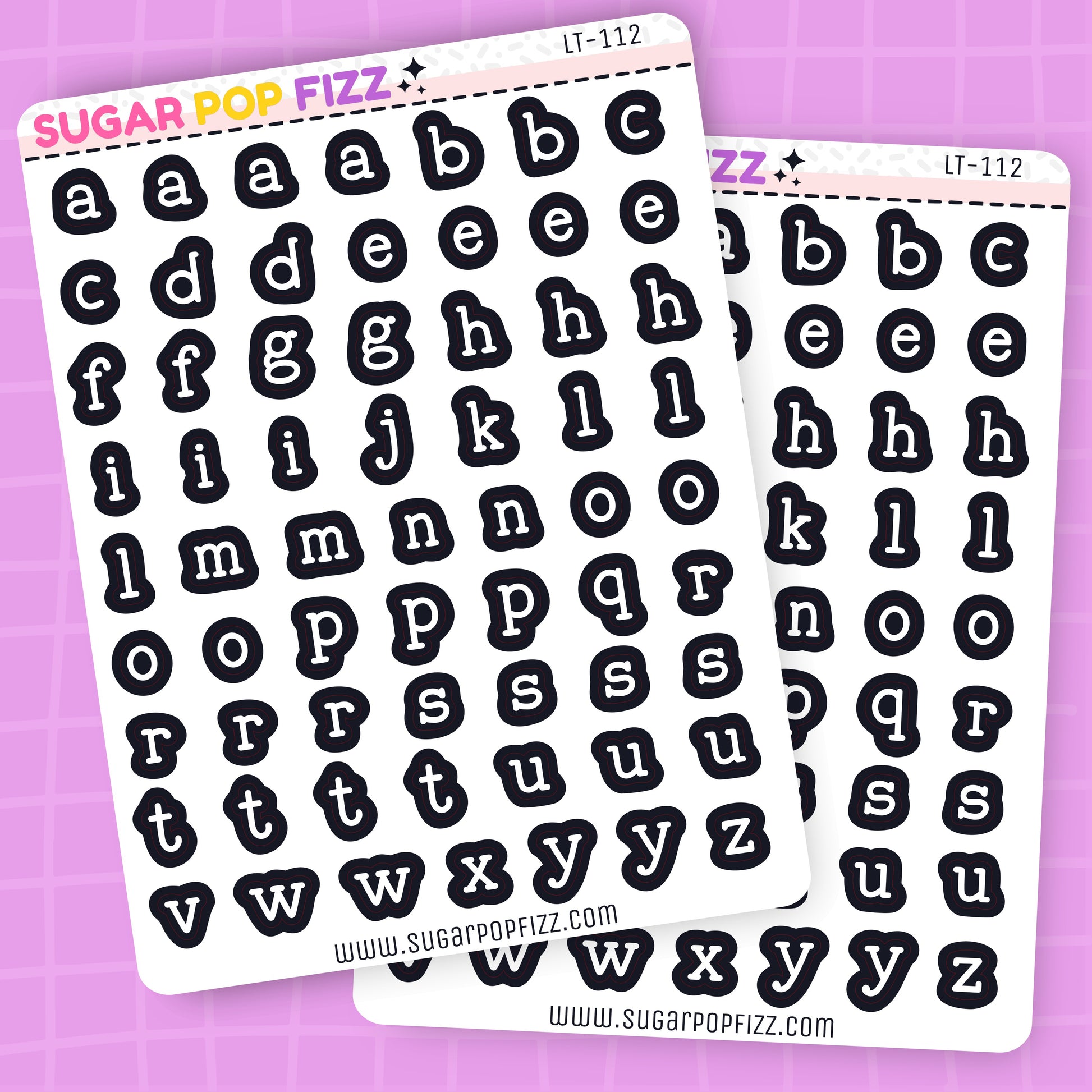 Two sheets of black letter stickers on a purple background with 'Sugar Pop Fizz' branding.