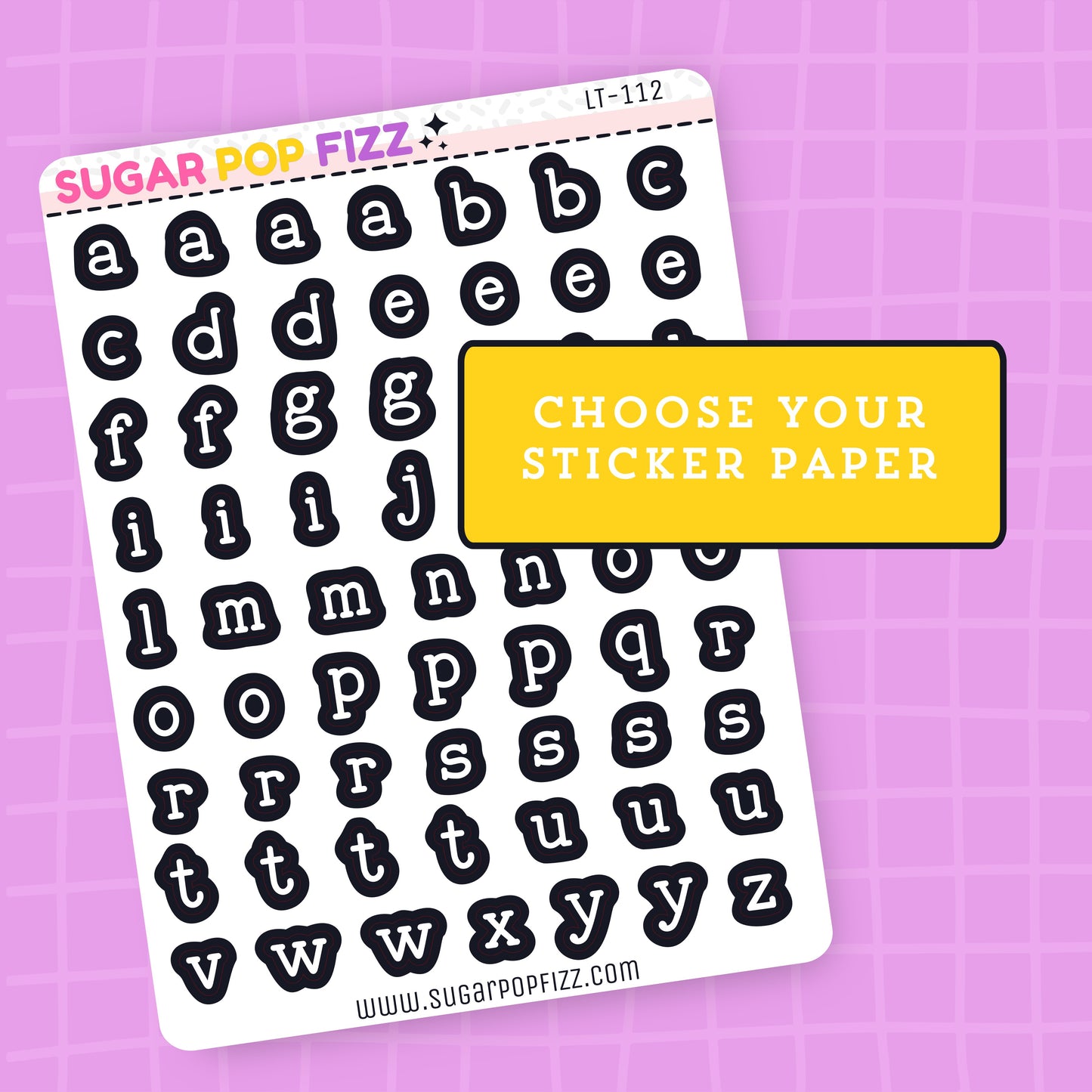 Sheet of black letter stickers on a purple grid background with 'Sugar Pop Fizz' branding.
