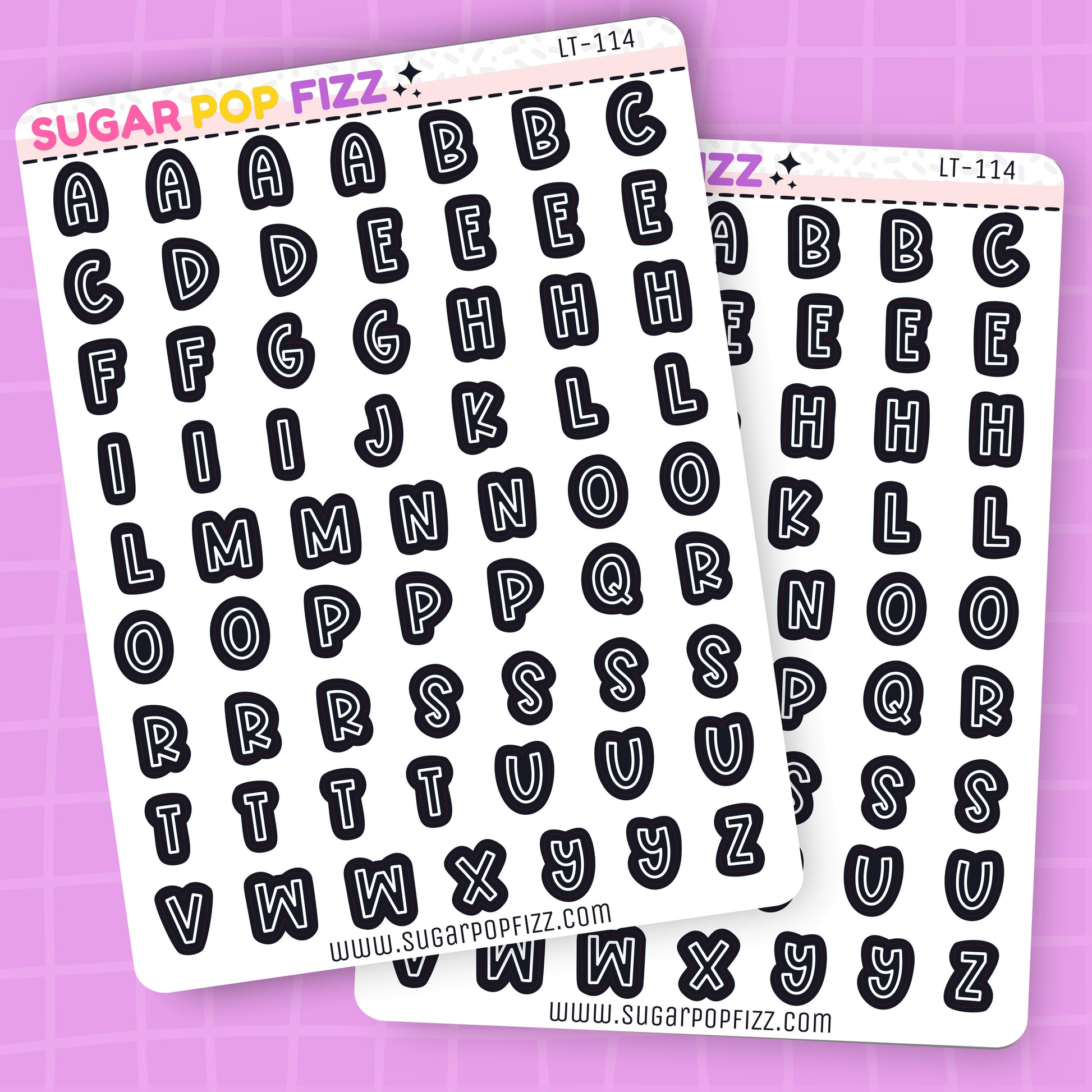 Two sheets of letter stickers with black outlines on a white background, branded 'Sugar Pop Fizz'.