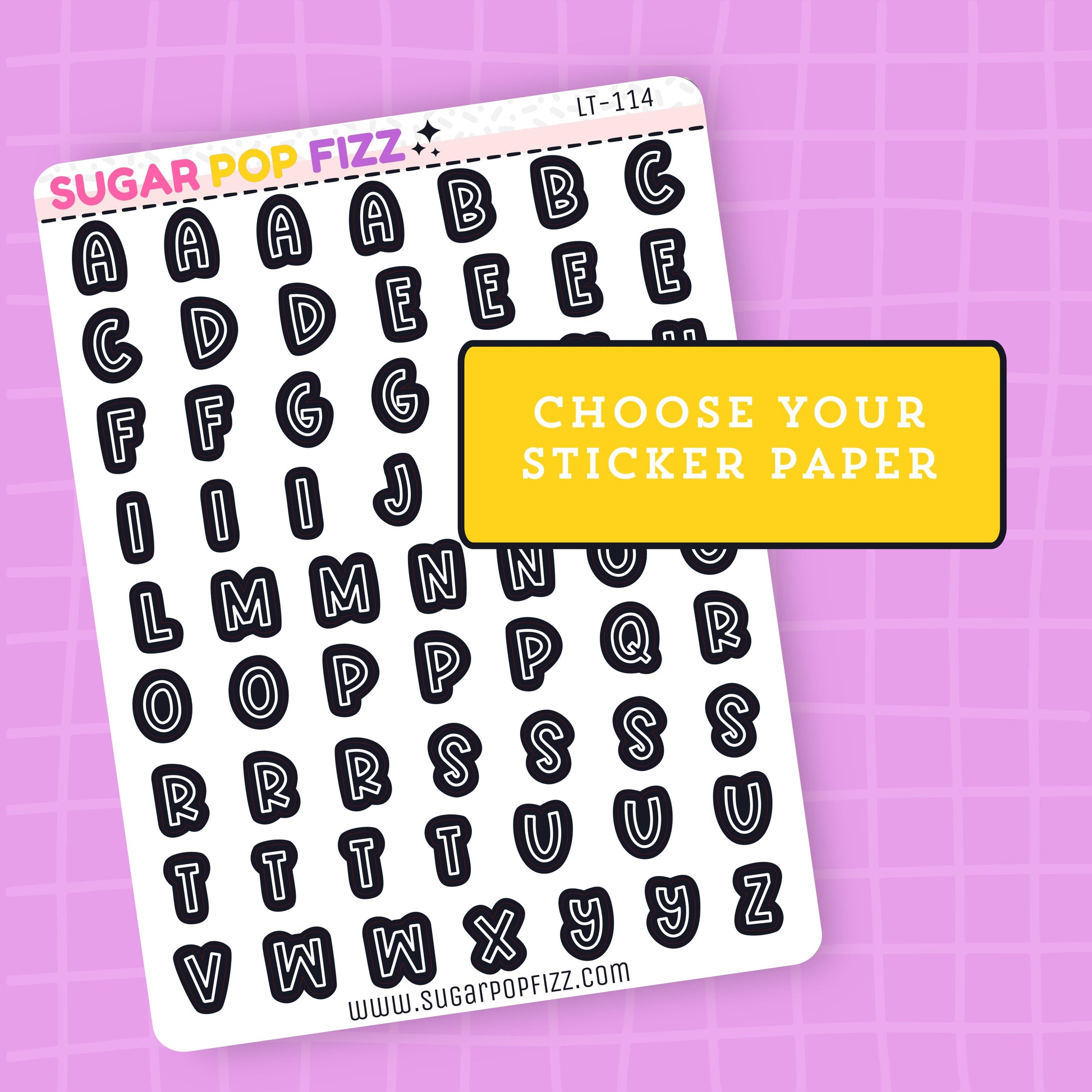 Sheet of black letter stickers on a white background with 'Sugar Pop Fizz' branding.