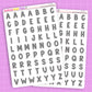 Two sheets of alphabet letter stickers on a purple background