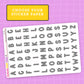 Sheet of black letter stickers on a pink grid background with 'Sugar Pop Fizz' branding.