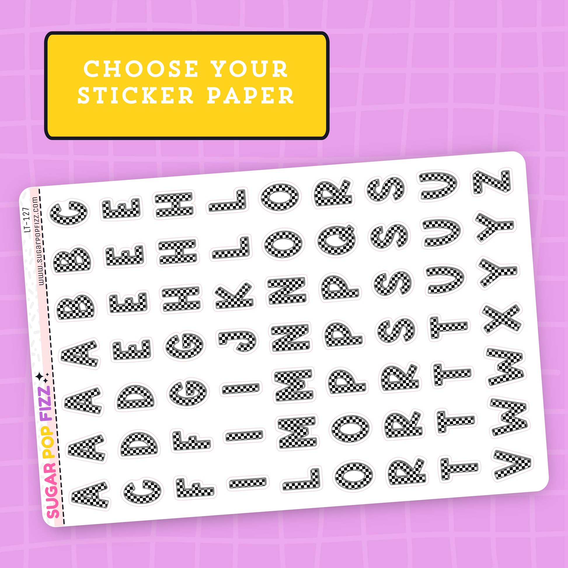 Sheet of black letter stickers on a pink grid background with 'Sugar Pop Fizz' branding.