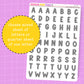 Sheet of black letter stickers on a purple grid background with text overlay.