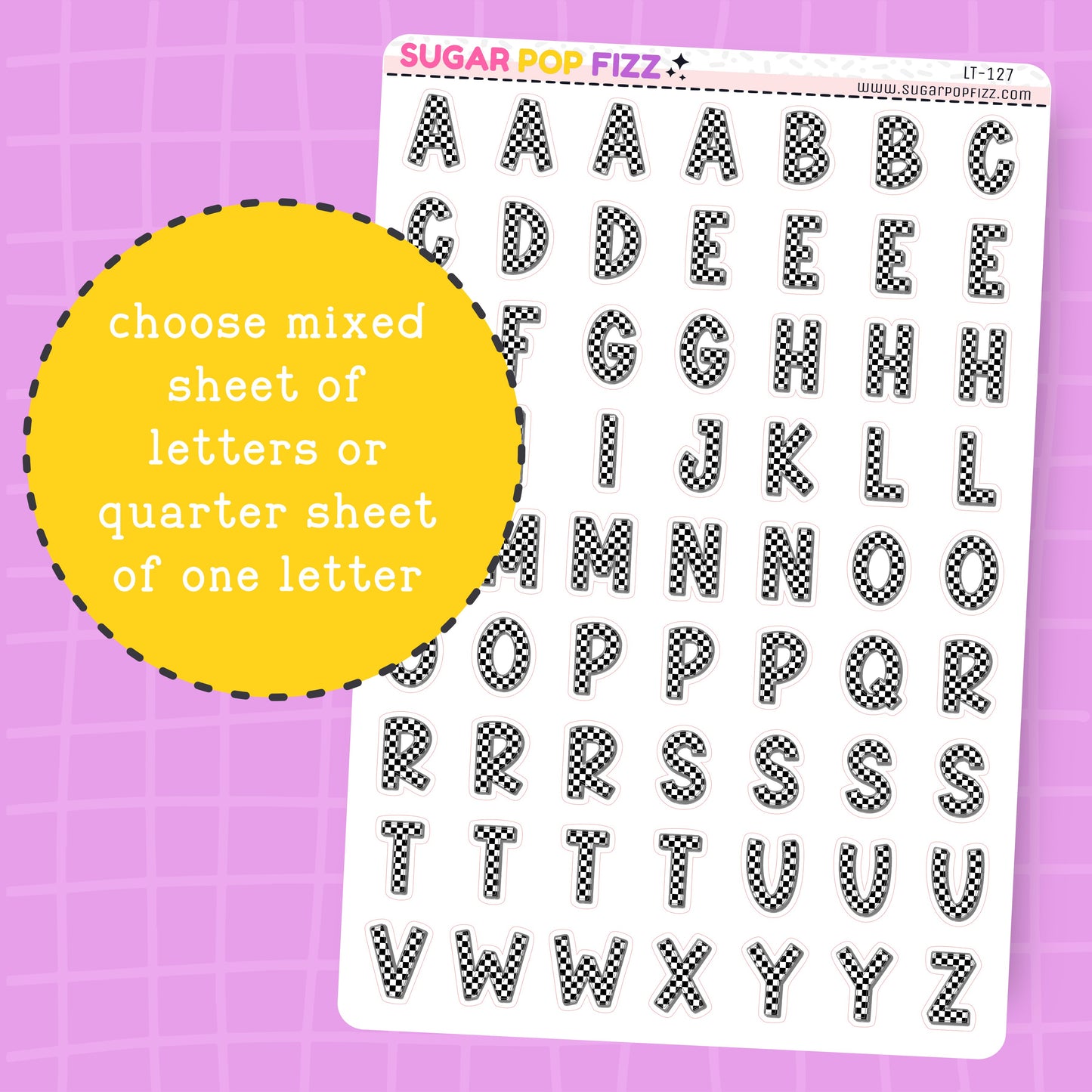 Sheet of black letter stickers on a purple grid background with text overlay.