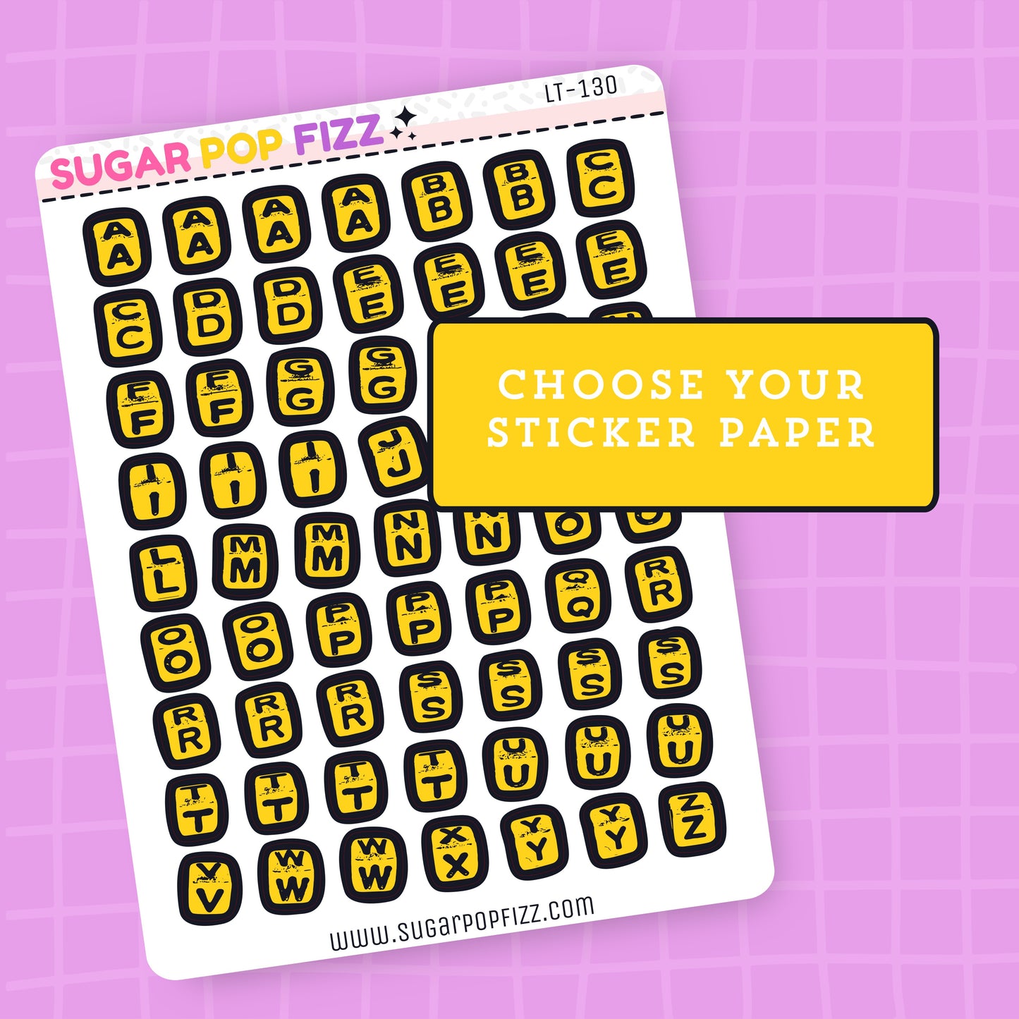 Sheet of letter and number stickers with 'Sugar Pop Fizz' branding on a purple grid background.