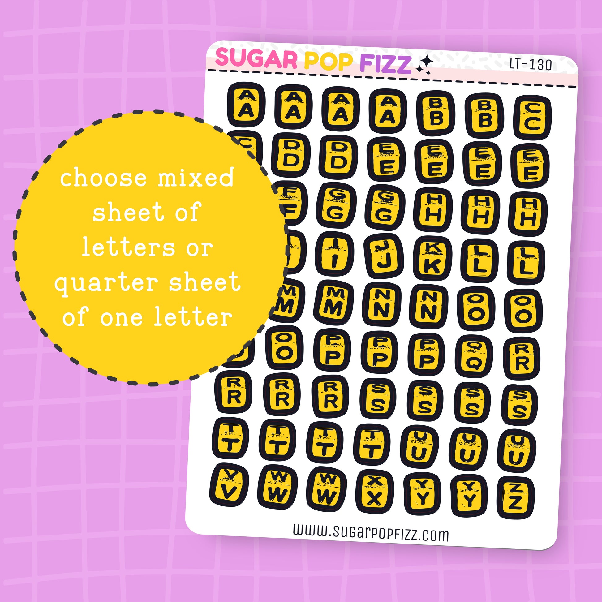 Sheet of letter-shaped stickers with yellow borders on a purple grid background, featuring the brand 'SUGAR POP FIZZ'.