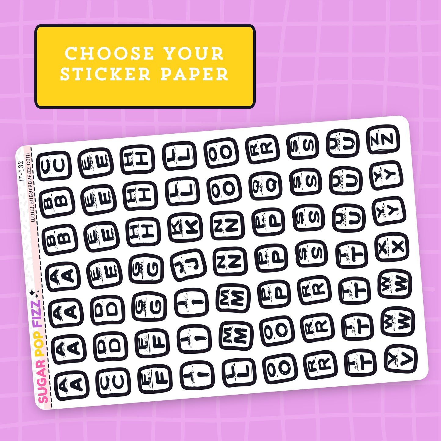 Sheet of black letter stickers on a purple grid background with 'Sugar Top Fizz' branding.