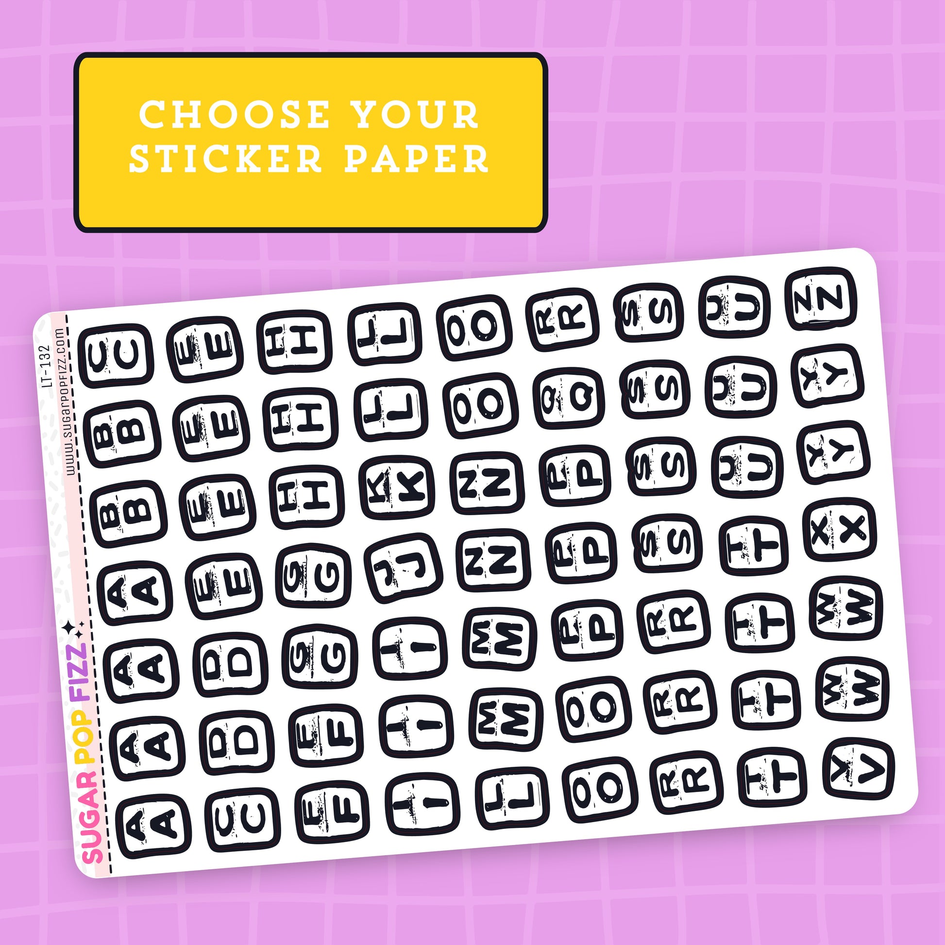 Sheet of black letter stickers on a purple grid background with 'Sugar Top Fizz' branding.