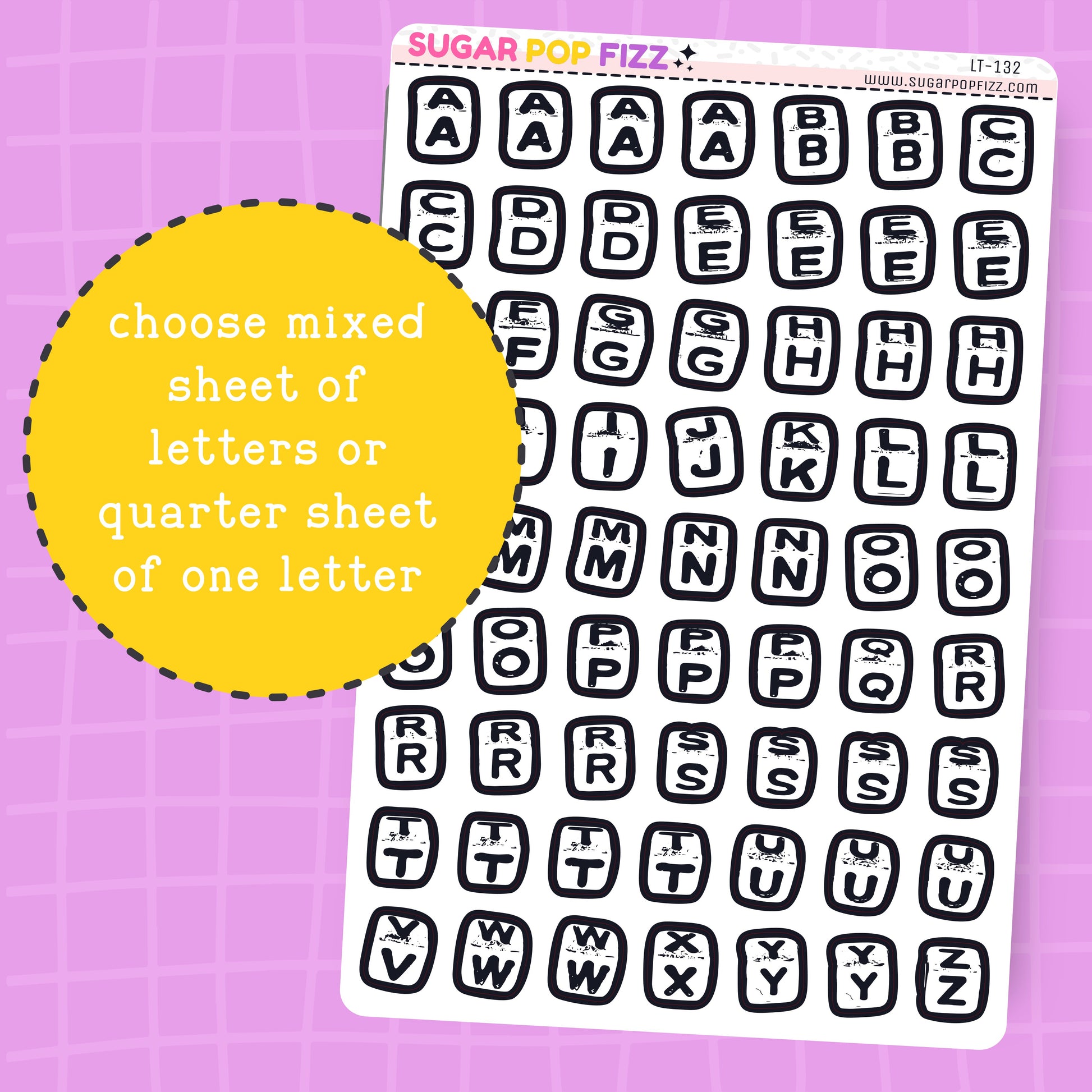 Sheet of black letter stickers on a purple grid background with 'Sugar Pop Fizz' branding.