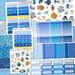 Collection of blue-themed planner stickers with various designs on a white background.