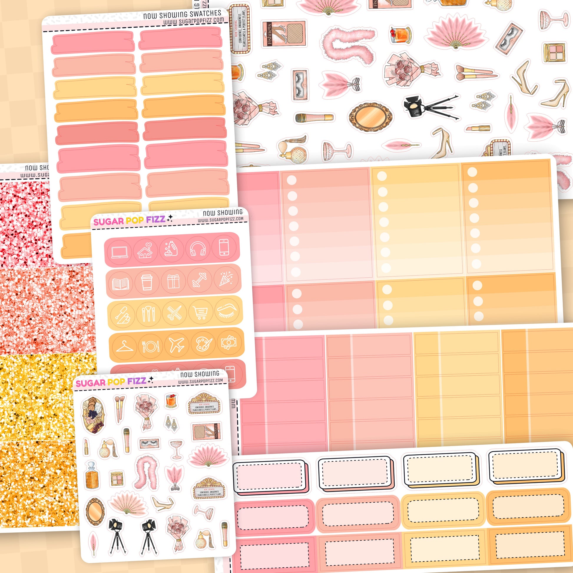 Collection of planner stickers with various designs on a wooden surface.